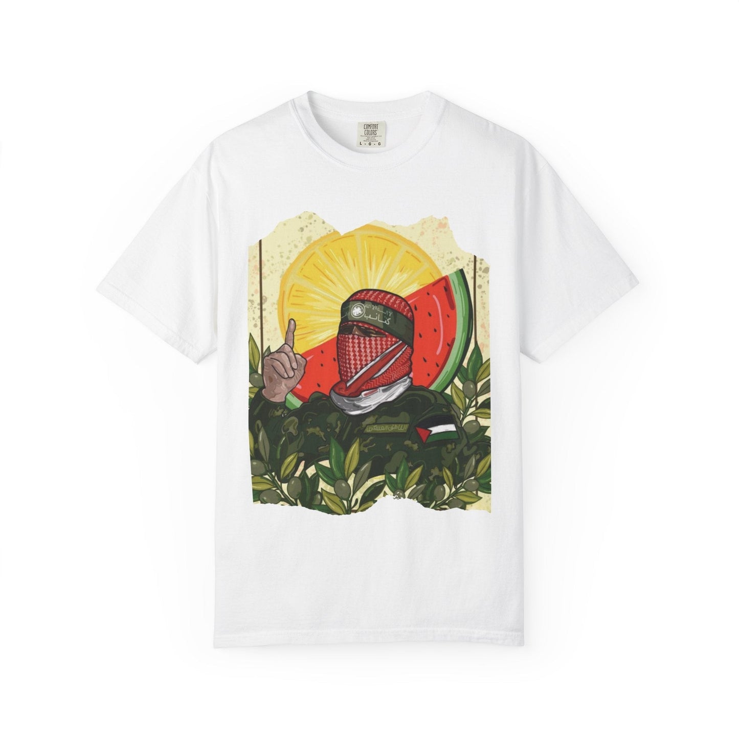 Silenced Roots white Comfort Colors cotton tee featuring Palestinian resistance artwork with watermelon and keffiyeh.