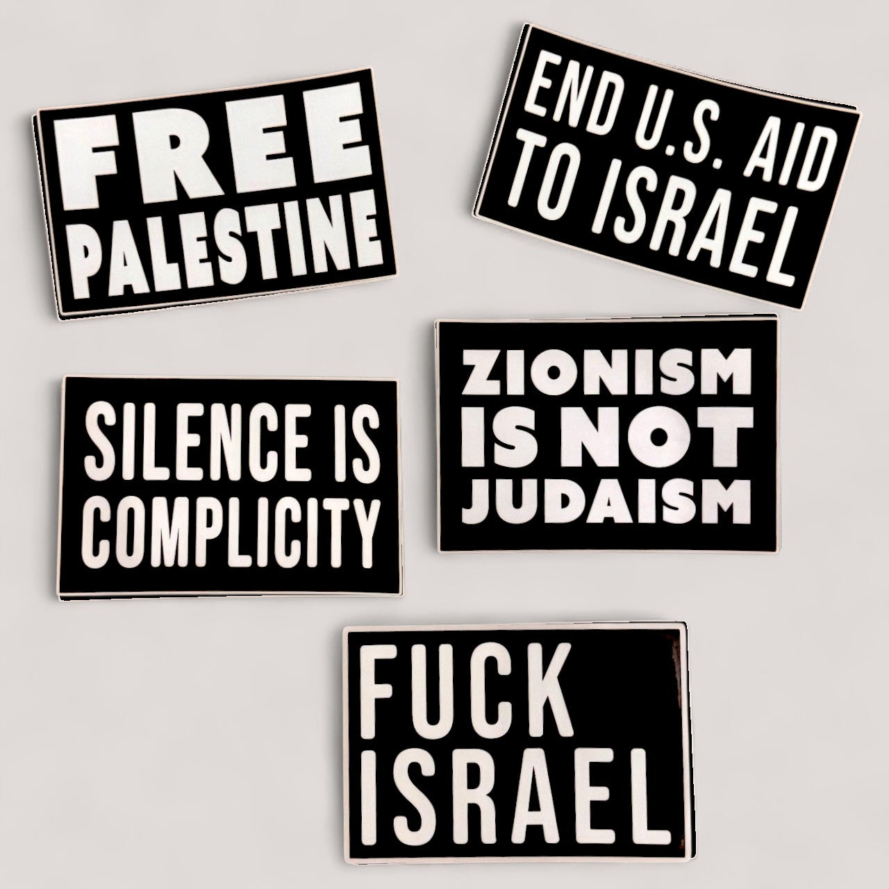 Silenced Roots 5-pack sticker set with bold white text on black backgrounds featuring pro-Palestinian messages.