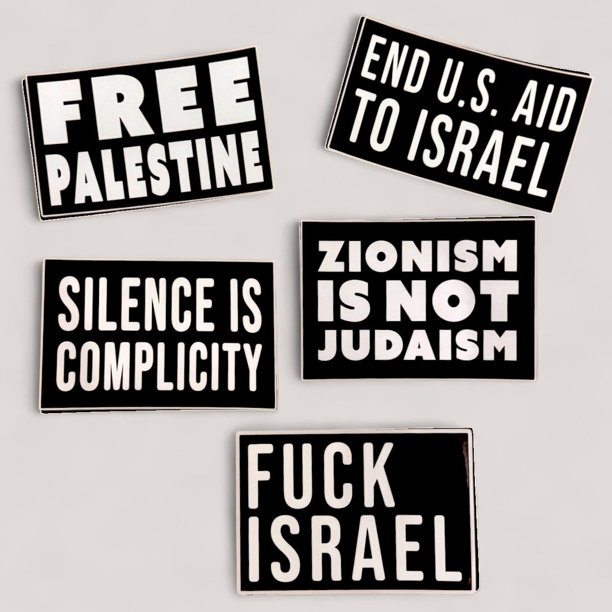 Silenced Roots 5-pack sticker set with bold white text on black backgrounds featuring pro-Palestinian messages.