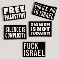 Silenced Roots 5-pack sticker set with bold white text on black backgrounds featuring pro-Palestinian messages.