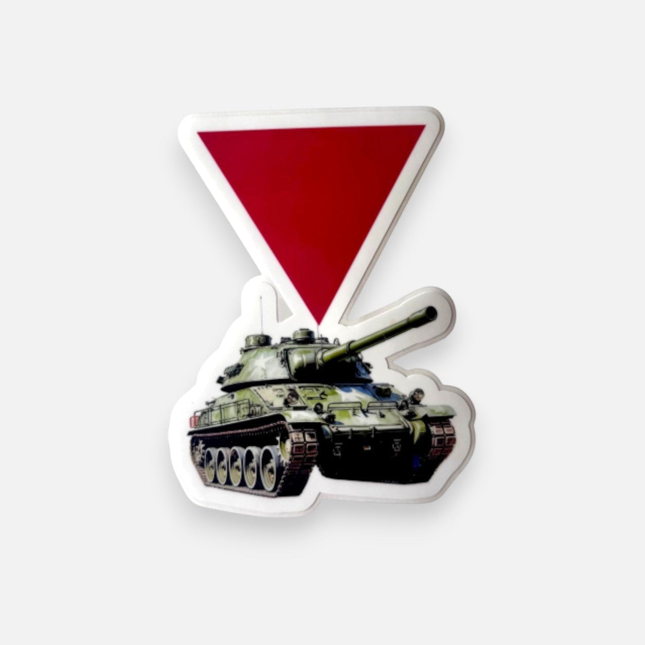 Silenced Roots vinyl sticker featuring a red triangle above a green military tank, symbolizing Palestinian resistance.