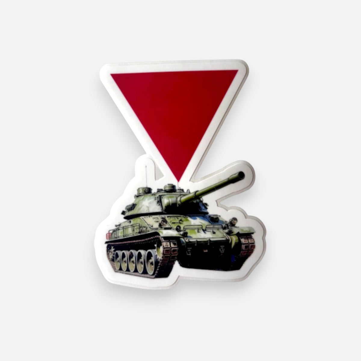 Silenced Roots vinyl sticker featuring a red triangle above a green military tank, symbolizing Palestinian resistance.