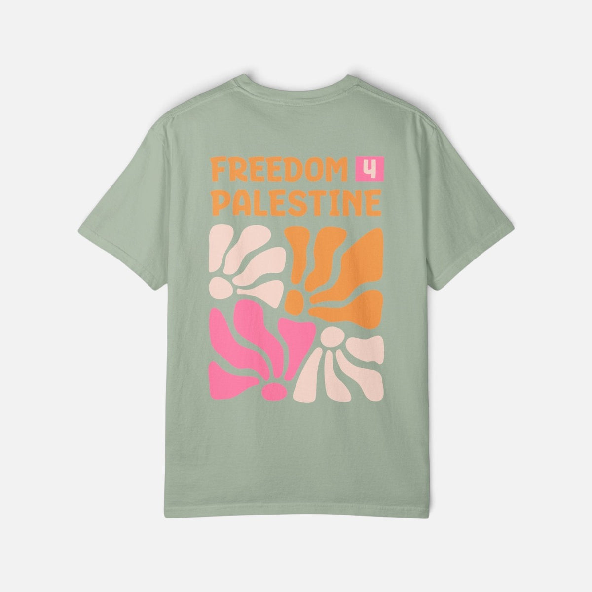 Silenced Roots sage green vintage-style unisex t-shirt with Freedom Palestine graphic print on the back