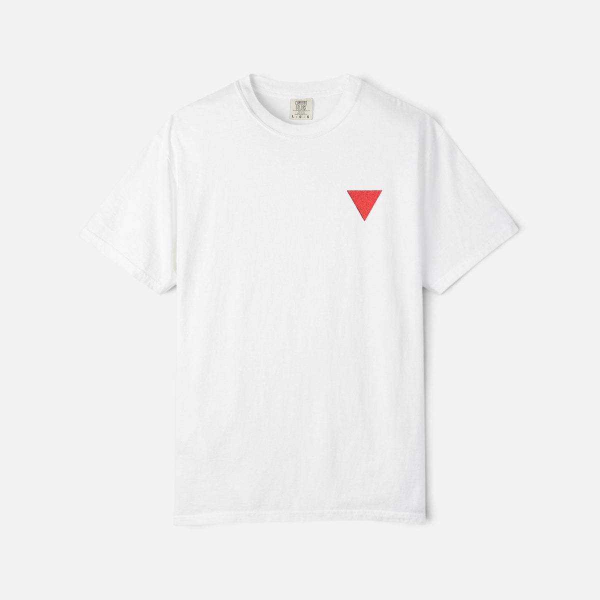 Silenced Roots white cotton t-shirt featuring a small embroidered red triangle on the chest